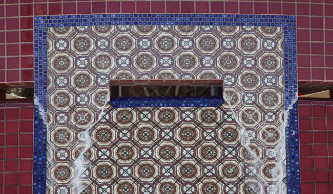 A water feature detail with spanish-style tiles