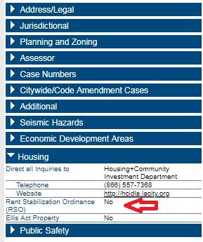 A red arrow pointing within Zimas showing if your unit is subject to Rent Stabilizationi Ordinance.