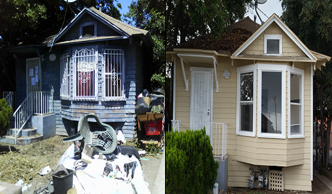 Before and after picture of a foreclosed home. Before picture has a lot of junk in the front yard. After picture, new paint job.